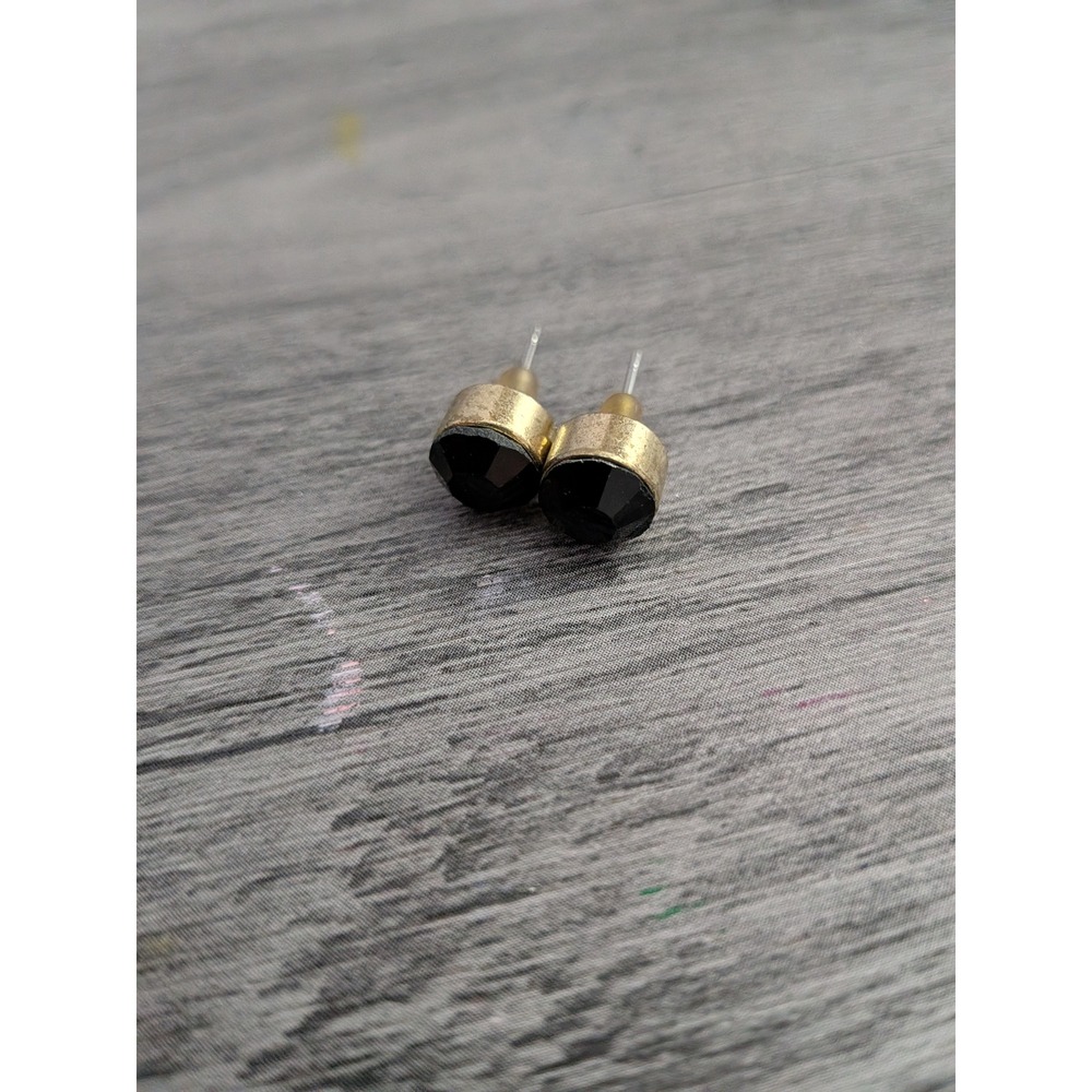 Black Faceted Crystal Stud Earrings Gold Tone Bezel Set Round Post Backs